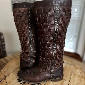 Frye Woven Leather Knee High Boots Brown Studded Size 8